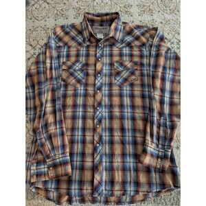 Wrangler Shirt Mens XLT Orange & Blue Western Pearl Snap Check long Sleev Cowboy
